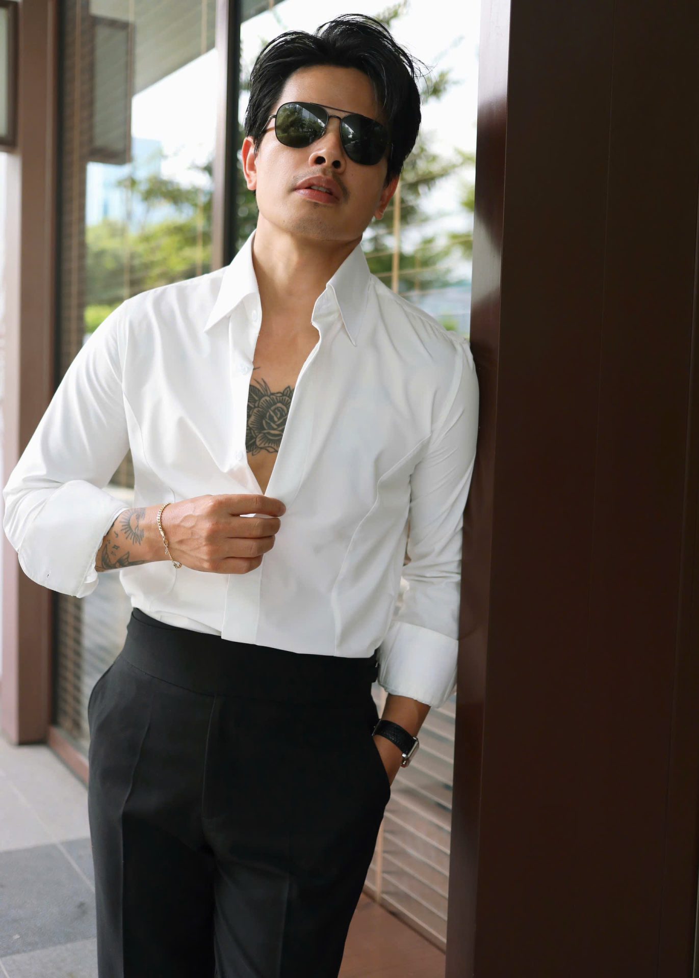 SƠ MI TRẮNG PHỐI TAY XANH